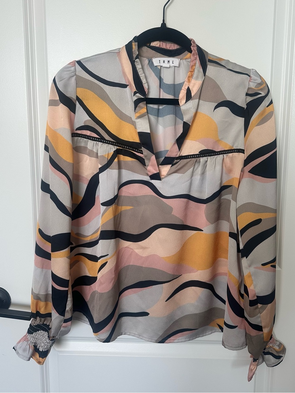 THML Multicolor Wave Print V-Neck Blouse - Pink, Mustard & Navy